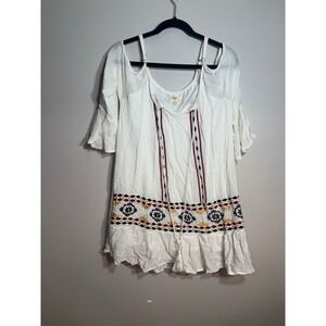 Exist White Cold Shoulder Boho Mini Dress Tunic Embroidered Tassel S Small